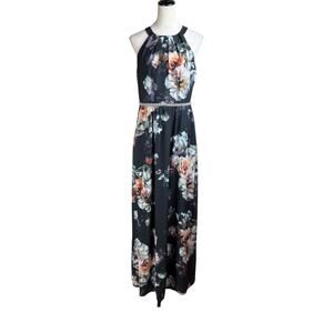 SLNY Black Floral Halter Top Sleeveless Belted Lined Zip Up Maxi Dress Pockets